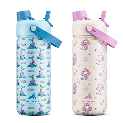 POWCAN 2 Pack 18 oz Insulated Water Bottle for School: Leakproof, 2-in-1 Straw Spout Lid, BPA-Free, Keep Cold 24 Hrs, Stainless Steel Cup for Sports, Travel, Gift (Splash Tails & Starry Mermaid) - color: Splash Tails & Starry Mermaid, size: 18 oz (Pack of