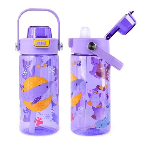 20oz Kids Water Bottle For School or Travel, Leak-Proof & Dishwasher, Durable Plastic Sport Water Bottle With Straw and Handle, Whale - color: Purple whale