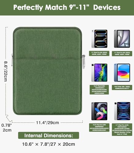 MoKo 9-11 Inch Tablet Sleeve Bag Carrying Case Fits New 11-inch iPad Pro M4/iPad Air M2 2024, Air 5/4/3 10.9"/10.5", Pro 11 M2, i-Pad 10th 10.9, i-Pad 9/8th Gen 10.2, Tab S8/S9 11", Grass Green | Tablet Carrying Case Fits iPad Air M2/Air 5/4 10, 9, iPadPr
