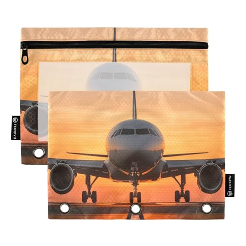 Pencil Pouch for 3 Ring Binder, Airplane Sunset Aircraft Large Pencil Case Clear Window Pen Bag, Zipper Binder Pouch Accessories for Office School Supplies, 2 Pack - color: A006, size: 9.84 x 7.08 x 0.19 in