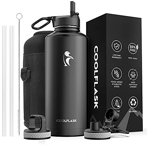 Insulated Water Bottle 87 oz with Straw, Coolflask 2/3 Gallon Stainless Steel Metal 3 Lids Large Water Jug for Sports or Office, Non-BPA Keep Cold Up to 48 Hrs or Hot Up to 24 Hrs, Magic Black - color: Magic Black, size: 87 Ounces