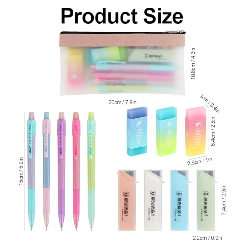Buqoo Mechanical Pencil Set, 5PCS 0.5mm Cute Pastel Mechanical Pencils, 3 Candy Jelly Gradient Eraser with 80PCS HB 0.5 Lead Refill and Zipper Bag Pencil Kit for Art, Drawing Pencils for Sketching - color: Rainbow
