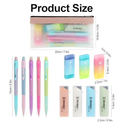 Buqoo Mechanical Pencil Set, 5PCS 0.5mm Cute Pastel Mechanical Pencils, 3 Candy Jelly Gradient Eraser with 80PCS HB 0.5 Lead Refill and Zipper Bag Pencil Kit for Art, Drawing Pencils for Sketching - color: Rainbow