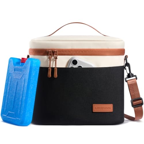 LOVEVOOK Insulated Lunch Box for Women Men, Reusable Lunch Bag for Work Picnic Beach College School, Leakproof Cooler Bag with Shoulder Strap & Ice Pack, Lunch Box/Bag for Mom Teacher Kids Girl Boy - color: Black - Beige, size: 9L