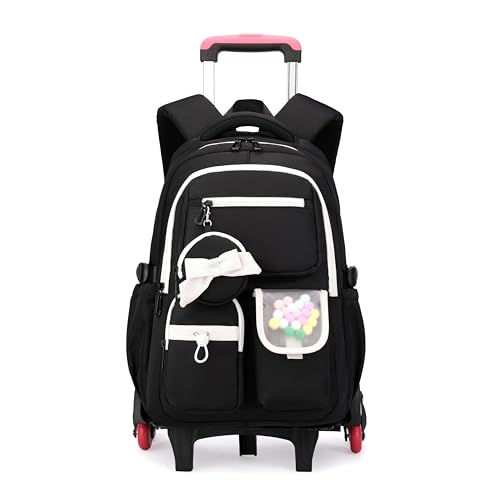 Rolling Backpack for Girls Kids Backpack with Wheels Cute Girls Trolley Bags Rolling School Bag for Elementary Middle - color: Black 6 Wheels