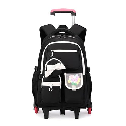 Rolling Backpack for Girls Kids Backpack with Wheels Cute Girls Trolley Bags Rolling School Bag for Elementary Middle - color: Black 6 Wheels