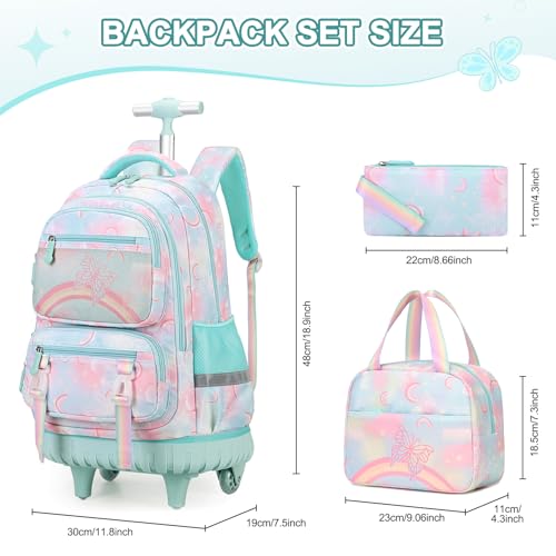 Scothen Rolling Backpack for Girls, 3PCS Roller School Backpacks for Girls with Lunch Bag and Pencil Pouch, Kids Bookbag Schoolbag with Wheels for Teen Girl Kindergarten Elementary Middle School - color: Green