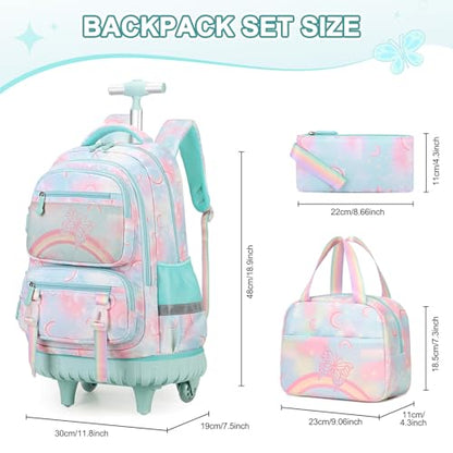 Scothen Rolling Backpack for Girls, 3PCS Roller School Backpacks for Girls with Lunch Bag and Pencil Pouch, Kids Bookbag Schoolbag with Wheels for Teen Girl Kindergarten Elementary Middle School - color: Green