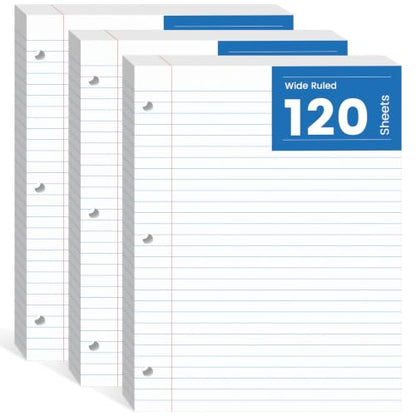 Loose Leaf Paper, 360 Sheets Filler Notebook Paper, 3-Hole Punched Binder Papers 8-1/2 x 11 In, Wide Ruled Lined Paper 8.5 x 11 for 3 Ring Binder, White, 3 Pack, 120 Sheets/Pad - style: 8.5x11-Wide Ruled-3 Pack (360 Sheets)