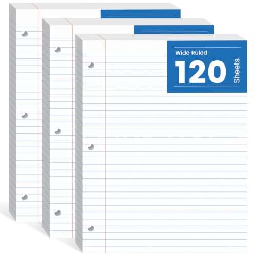 Loose Leaf Paper, 360 Sheets Filler Notebook Paper, 3-Hole Punched Binder Papers 8-1/2 x 11 In, Wide Ruled Lined Paper 8.5 x 11 for 3 Ring Binder, White, 3 Pack, 120 Sheets/Pad - style: 8.5x11-Wide Ruled-3 Pack (360 Sheets)