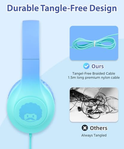 rockpapa Kids Headphones, Wired Headphones for Kids with Microphone, 85/94dB Volume Limiter Head Phones for Girls Boys, Foldable Headphone for School Tablet Laptop Blue Green - color: Blue Green