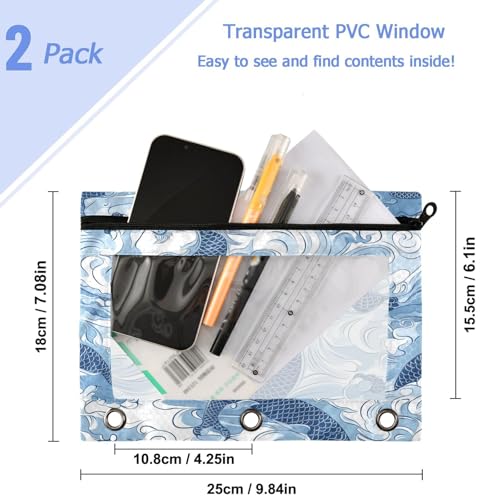 Studying 2 Pack Asian Stylish Blue Clouds Dragon Sky 3 Ring Binder Pencil Pouch Bags,Clear Window Zipper Storage Case for Boys Girls School Office Supplies Cosmetics Organizers - color: Multi-clouds Dragon