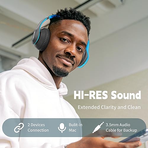 Wireless Bluetooth Headphones Over Ear 65H Playtime HiFi Stereo Headset with Microphone and 6EQ Modes Foldable Bluetooth V6.0 Headphones for Travel Smartphone Computer Laptop - color: Blue