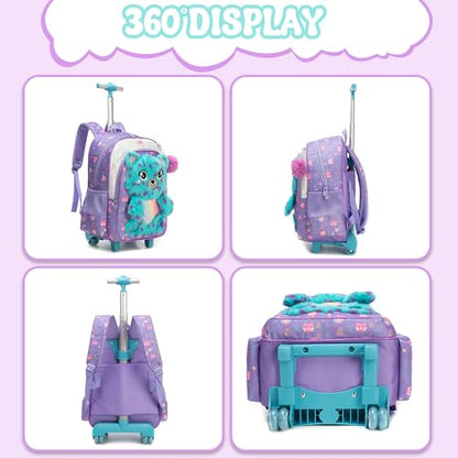Meetbelify Rolling Backpack for Girls 3D Carton Backpack with Wheels for Elementary Student Kids Plush School Bag with Lunch Box Pencil Case for Girls Ages 6-8 Years Old - color: Blue