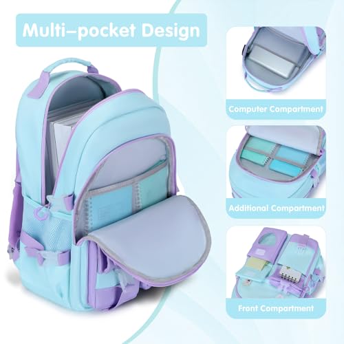 ACESAK Girls Backpack - Bento Box with Insulated Lunch Bag Pencil Case & Utensils Set for Kids, 6 Leakproof Compartments Removable Tray Lunches or Snack Container for School (Blue Purple) - color: Blue Purple