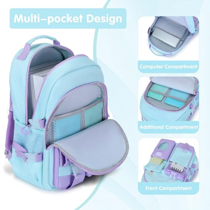 ACESAK Girls Backpack - Bento Box with Insulated Lunch Bag Pencil Case & Utensils Set for Kids, 6 Leakproof Compartments Removable Tray Lunches or Snack Container for School (Blue Purple) - color: Blue Purple