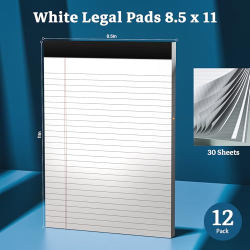 White Legal Pads 8.5 x 11 Notepads, 12 Pack Writing Paper Note Pads 8.5x11, Micro Perforated Wide Ruled Lined Writing Pads 30 Sheets for Home Office School Work, Legal Notepads Double-Side Printed Per Pad - color: White- 12