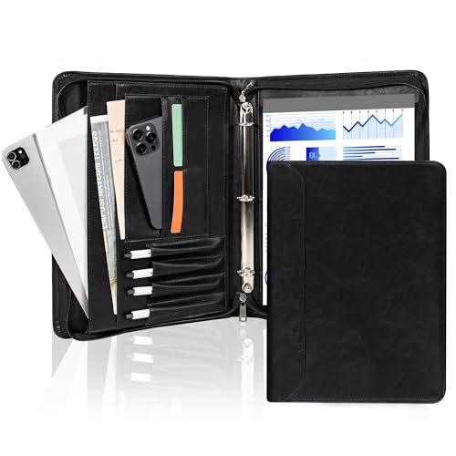 AZXCG Leather Padfolio for Men,Zippered Padfolio with 3 Ring Binder,Business Portfolio Organizer with A4 Writing Pad Holder, Portfolio Binder for Meeting,Business,School,Work - color: Black