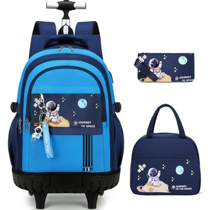 ACESAK Rolling Backpack for Boys, Kids Backpack with Wheels Portable with Insulated Lunch Box & Pencil Case, Multi-Pocket Roller Backpack for Preschool Kindergarten Kids Boys Travel(Dark Blue) - color: Dark Blue