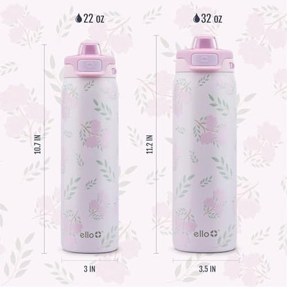 Ello Pop & Fill Insulated Stainless Steel Water Bottle with Quick Fill Lid, Leakproof Locking, Sip or Chug Spout, BPA-Free, Double Wall Vacuum Insulated for Sports, Travel & School- 22oz / 32oz / 40oz - color: Blossom Bliss, style: 32oz