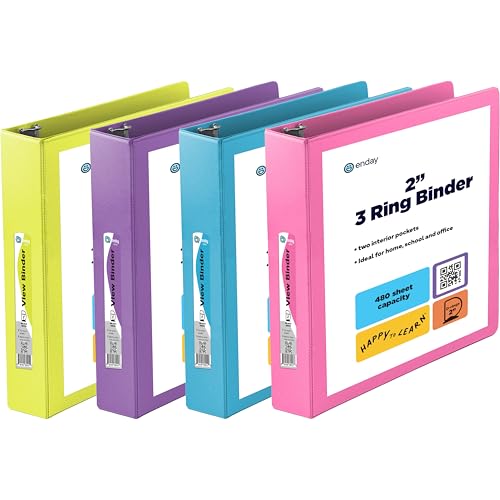 2 Inch Binder 3 Ring Binders, Slant D-Ring 2” Clear View Cover with 2 Inside Pockets, Heavy Duty Colored School Supplies Office and Home Binders Pink, Blue, Purple, Green (4 Pack) – by Enday - size: 2-Inch