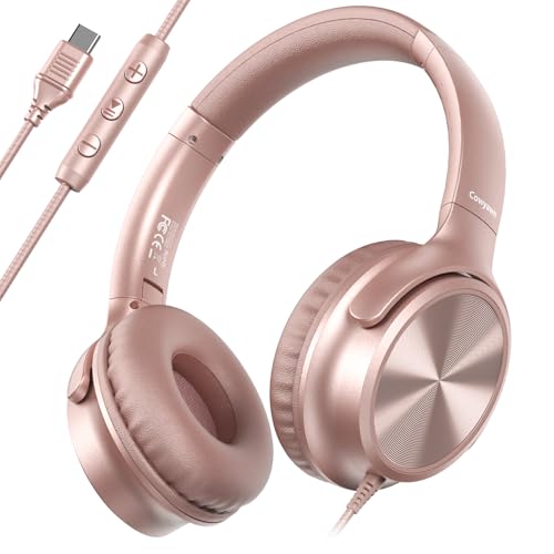 Cowyawn USB C Headphones Wired, Over Ear USB C Wired Headphones with Microphone, Volume Control, HD Stereo Sound, Foldable USB Type C Headphone for Adult/Teens/Laptop/Computer/iPhone 15/16/17, Rose - color: Rose