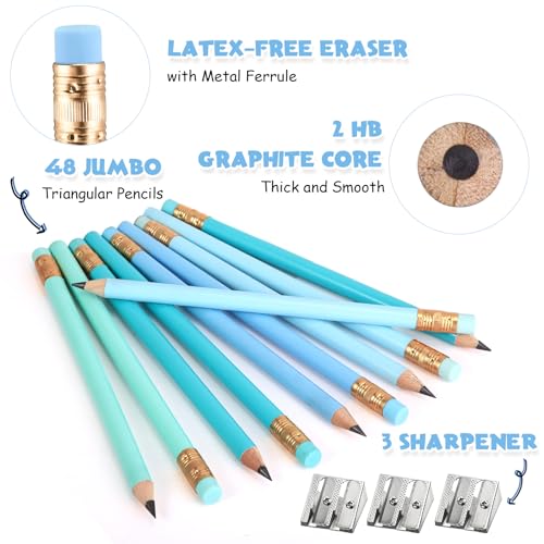 Fainne 48 Pcs Fat Pencils Jumbo Big Thick Large Pencils and 3 Pieces Sharpeners for Kids Beginners Preschoolers Kindergarten School Office Supplies(Turquoise Blue Series,Round) - color: Turquoise Blue Series, style: Round