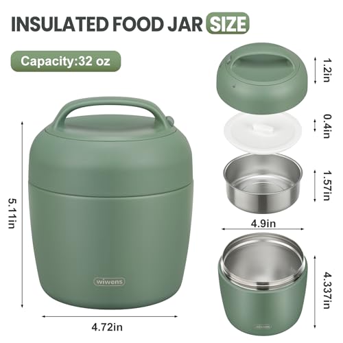 wiwens Thermo Food Jar for Hot Food Adults 32OZ Soup Thermo Lunch Containers Wide Mouth Vacuum Insulated Stainless Steel Leakproof Bento Box with Spoon - color: Green3