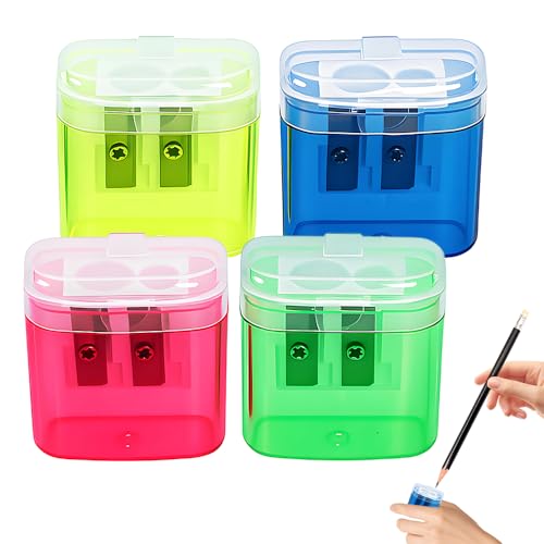 4 Pcs Pencil Sharpeners with Lid, 2026 New Dual Holes Compact Colored Handheld Pencil Sharpener, Mini Portable Sharpener Plastic Durable Sharpener for Kids Adults Students Home Office (Square) - color: Square