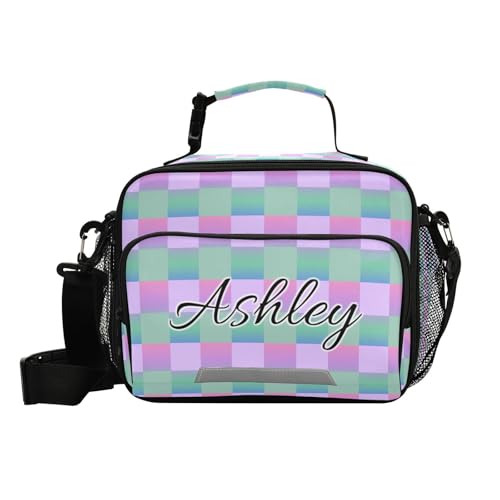 Custom Student Lunch Bag for Boys Girls Gradient Checkered Personalized Lunch Box With Name Insulated Cooler Bag for School Picnic Travel - color: Multi20