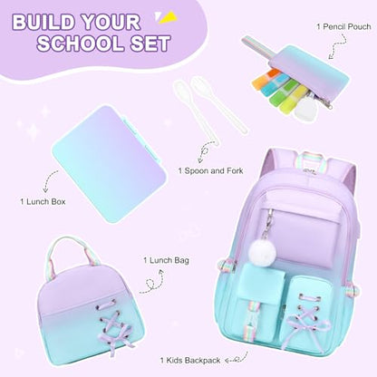 Scothen Backpack for Girls with Bento Lunch Box Set, School Bag Bookbag for Teens Girls Kids Student, 43oz Lunch Containers Lunchbox, Insulated Lunch Bag & Pencial Case, Back to School Gifts - color: Purple Blue