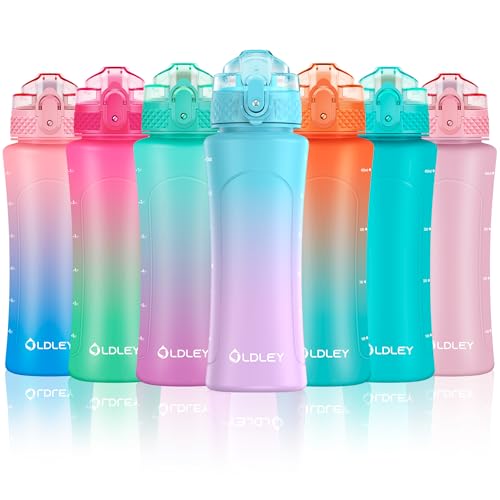 OLDLEY Kids Water Bottle with Straw 15 oz BPA-Free Leak-Proof Motivational Water Bottles with Time Marker for School Sports Travel Gym, Easy to Use for Girls Goys, 1 Straw Lid, Blue Purple - color: Blue Purple, style: Straw Lid