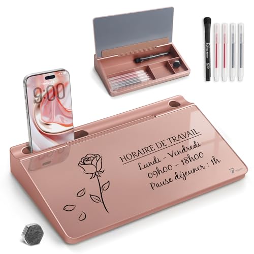 TOWON Compact Glass Desktop Whiteboard with Storage 12x7 in, Rose Gold | Aesthetic dry erase surface, 5 markers, eraser and holder included, for the office, home or school desk - color: Metallic Rose Gold