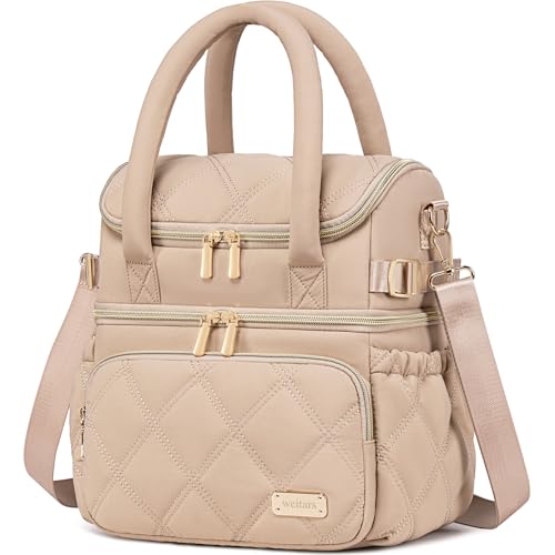 Weitars Lunch Bag for Women Men,Double Deck Lunch Box for Women,Quilted Lunch Tote for Work,Insulated Lunch Cooler Leakproof Lunchbox for Adult with Shoulder Strap &Pockets for Picnic Hiking (Khaki) - color: Khaki