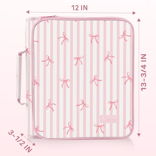SUNEE Zippered Binder Bag with Handle, 2-Inch 3-Ring O-Ring, 500-Sheet Capacity, Includes Zip Pocket, 5-Tab Expanding File Folder, Multi-Pocket Organizer Binder for Middle School, Pink Bow - color: Pink Bow