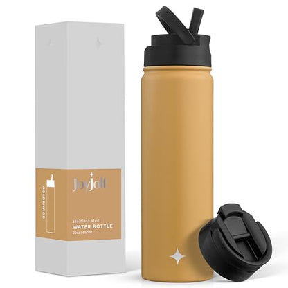 JoyJolt Triple Insulated Water Bottle with Straw Lid AND Flip Lid! 22oz Water Bottle, 12 Hour Hot/Cold Vacuum Insulated Stainless Steel Water Bottle. BPA-Free Leakproof Water Bottles - Thermos Bottle - color: Goldenrod, size: 22 Ounces