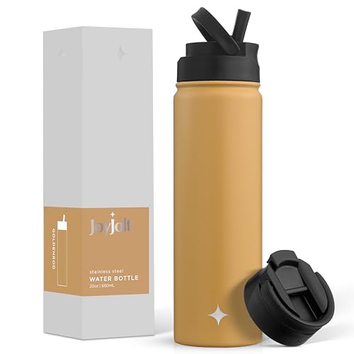 JoyJolt Triple Insulated Water Bottle with Straw Lid AND Flip Lid! 22oz Water Bottle, 12 Hour Hot/Cold Vacuum Insulated Stainless Steel Water Bottle. BPA-Free Leakproof Water Bottles - Thermos Bottle - color: Goldenrod, size: 22 Ounces