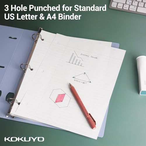 Kokuyo 3 Hole Loose Leaf Paper, 8-1/4"x11” Wide Ruled, 100 Sheets, 1 Pack | 3 Hole Punched Filler Papers, Bleed Resistance Notebook Paper, Japanese 70 GSM Smooth Paper for 3 Ring Binder 100 Sheets/Pack