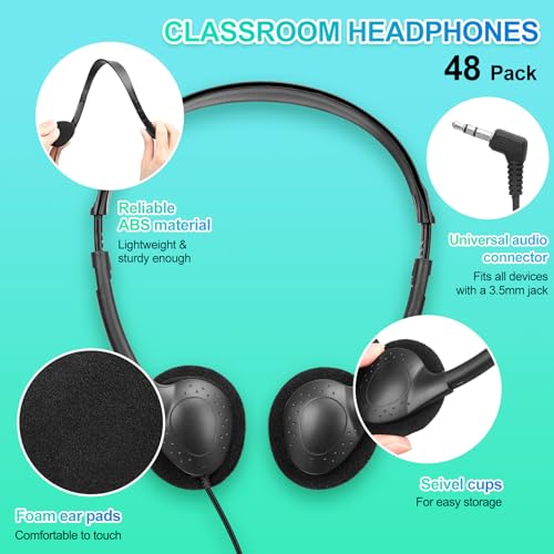 Frienda 48 Pack Classroom Headphones Bulk, Wired School Headsets for Students, Stereo Headphones with 3.5 mm Plug for Classroom, Online Learning, Library(Classic,Black) - color: Black, style: Classic