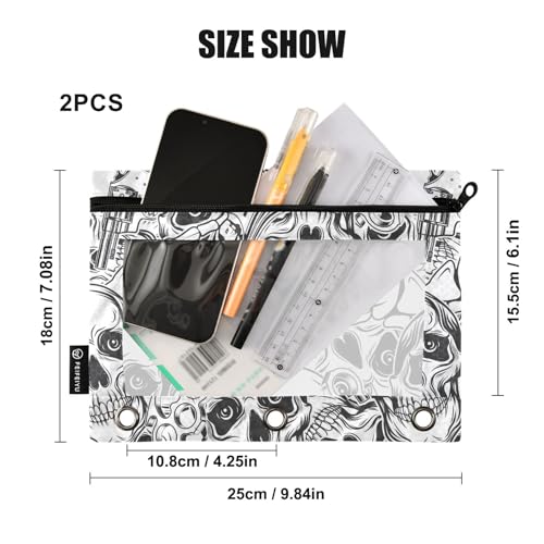 ZAZYXTJ Skeletons Skull Binder Pencil Pouchs 3 Ring with Zipper Clear Window Office Organizers bag for School Students Teacher Supplies 2 Pack - color: Skeletons