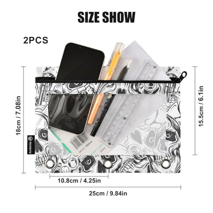 ZAZYXTJ Skeletons Skull Binder Pencil Pouchs 3 Ring with Zipper Clear Window Office Organizers bag for School Students Teacher Supplies 2 Pack - color: Skeletons