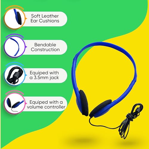 5 Pack Bulk Wired Headphones, On Ear with 3.5mm Jack, 4ft Tangle Free Cable, Comfortable Fit, Affordable and Cost Effective, Ideal for School Classroom Testing Students Events Groups, Black
