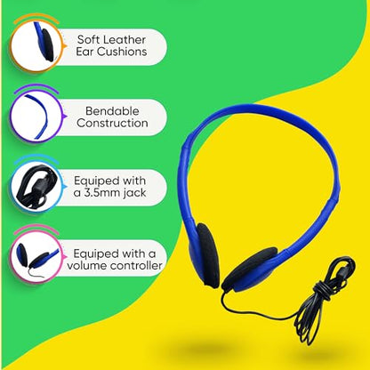 5 Pack Bulk Wired Headphones, On Ear with 3.5mm Jack, 4ft Tangle Free Cable, Comfortable Fit, Affordable and Cost Effective, Ideal for School Classroom Testing Students Events Groups, Black