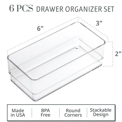 STORi SimpleSort 6-Piece Stackable Clear Drawer Organizer Set | 6" x 3" x 2" Rectangle Trays | Small Makeup Vanity Storage Bins and Office Desk Drawer Dividers | Made in USA - size: 6x3x2" (Set of 6)