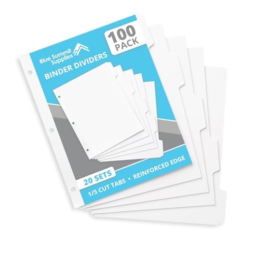 Blue Summit 3 Ring Binder Dividers with Tabs, Reinforced Edge, 1/5 Cut, Letter Size, 5 Tab Dividers for 3 Ring Binder Bulk, White, 20 Sets, 100 Pack