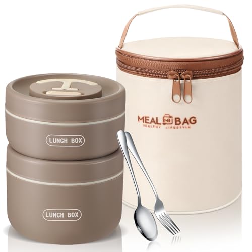 Dandat 2 Pcs Portable Insulated Lunch Containers Thermal Bento Box with Bag Fork Knife Stainless Steel Lunch Box 15.2 oz 21 oz Separate Stackable Food Jar for Adult Men Women(Khaki) - color: Khaki