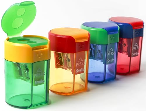 Smilo Pencil Sharpeners Manual,Dual Hole with Lid, Colorful, 4 Pack | Portable Handheld, Fits Standard & Jumbo Pencils, Large Capacity Shavings Container for Kids, School, Crayon, Colored Pencil - style: STYLE-1