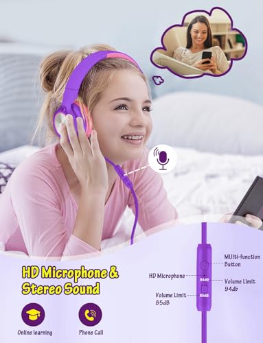Voopwink Kids Headphones with Microphone, Wired Over Ear Headsets with Limited Volume 85dB/ 94dB for Boys Girls Teens Children Online School/Travel/iPad/Tablet/Cellphone - color: Purple, size: Plug 3.5mm