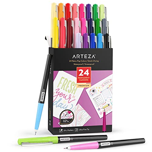 ARTEZA Permanent Markers, Set of 24, Ultra-Fine Tip, Retro Pop Colors - style: Set 24, Retro Pop Colors