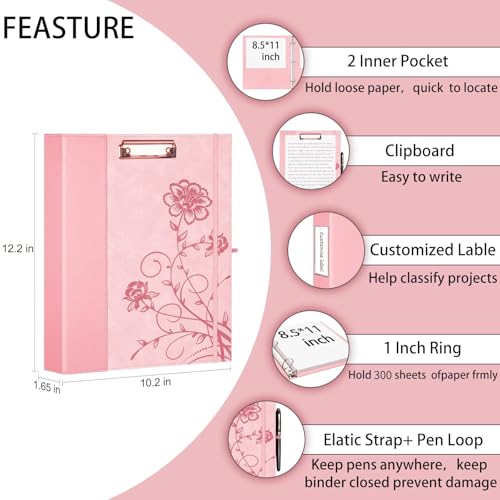 3 Ring Binder 1 Inch, Leather Binders with Clipboards, KLLVE Three Ring Binder with 10 Pocket Divider(Pink, Letter Size) - color: Pink